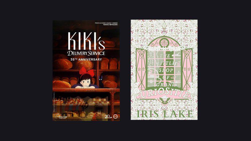 poster film Kiky's Delivery Service dan novel The Little Shop of Grand Curiousities (dok. Studio Ghibli/Kiky's Delivery Service | dok. Iris Lake/The Little Shop of Grand Curiousities)