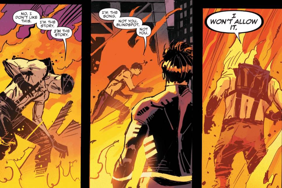 panel komik yang menampilkan Muse berjalan menuju kobaran api (dok. Marvel Comics/Daredevil)