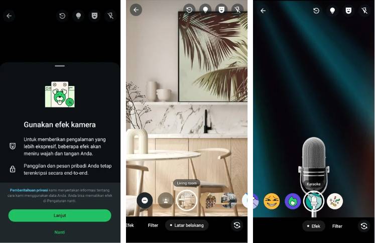 tampilan fitur efek kamera, filter, dan latar belakang di WhatsApp (dok. pribadi/Diyah Esti Cahyo Pertiwi)