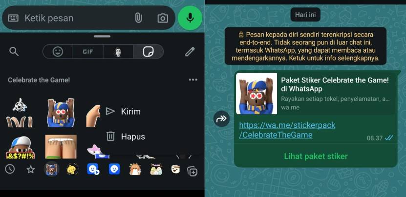 tampilan fitur berbagi paket stiker di WhatsApp (dok. pribadi/Diyah Esti Cahyo Pertiwi)
