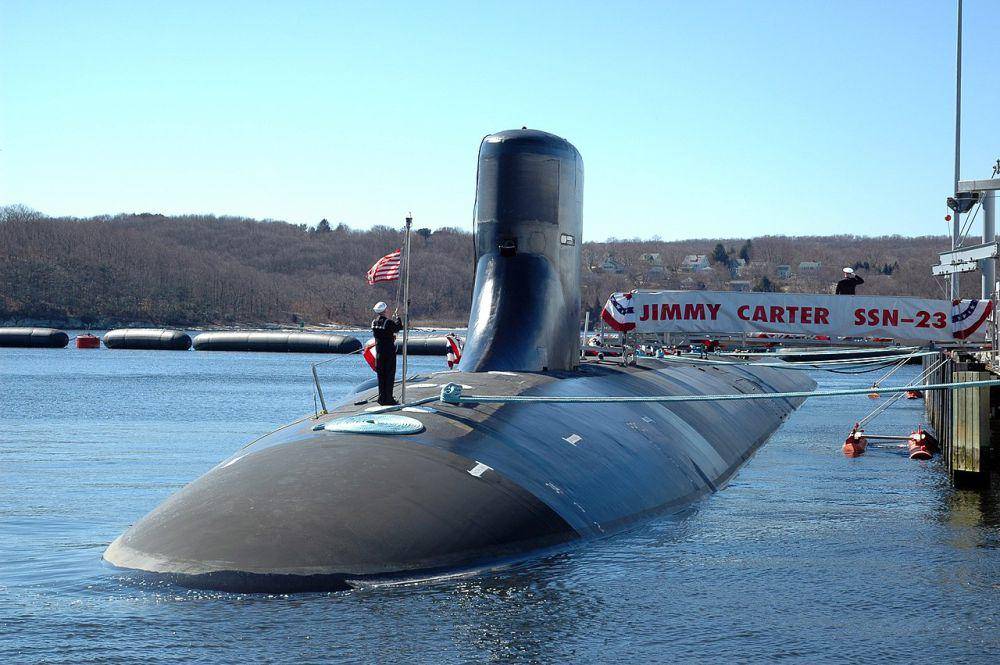 potret kapal selam kelas Seawolf USS Jimmy Carter (SSN-23) dalam sebuah upacara di pangkalan Angkatan Laut AS (commons.wikimedia.org/ George Trian)
