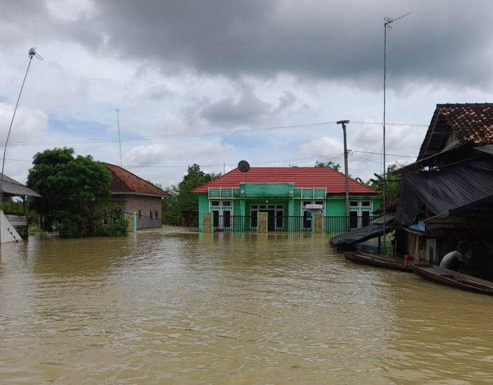 Penampakan banjir merendam sawah dan pemukiman warga di Lampung Timur. (Dok. BPBD Lampung Timur).