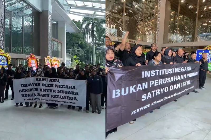 Demo karyawan Kemendikbudristek Dikti di Gedung MendiktiRistek, Senin (20/1/2025). (dok. IDN Times/Istimewa)