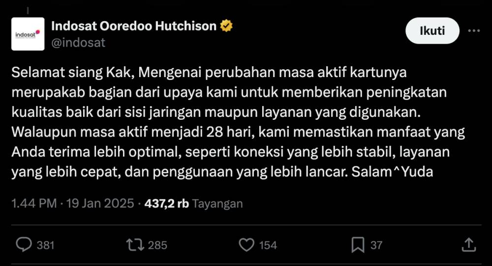 tanggapan dari Indosat Ooredoo terkait perubahan masa aktif paket data dari 30 hari menjadi 28 hari (x.com/@indosat)