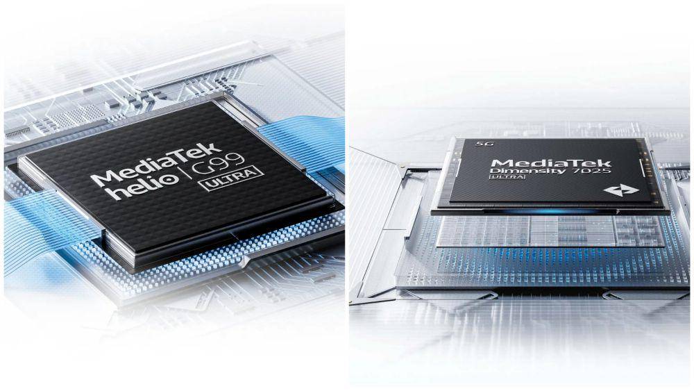 ilustrasi prosesor MediaTek Helio G99 Ultra (kiri) dan MediaTek Dimensity 7025 Ultra (kanan) (mi.com)