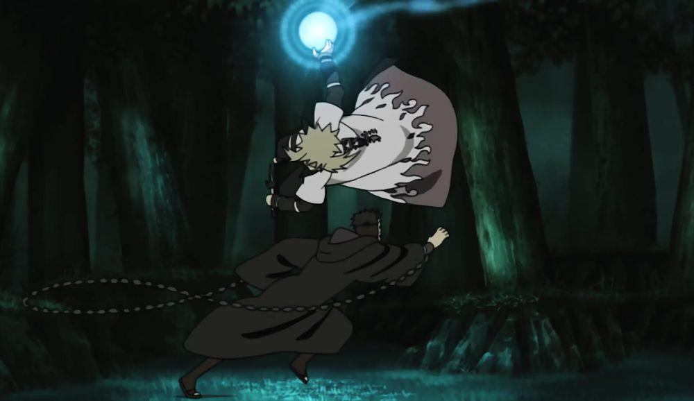 Minato berhasil mendaratkan Rasengan ke tubuh Obito (dok.Pierrot/Naruto:Shippuden)