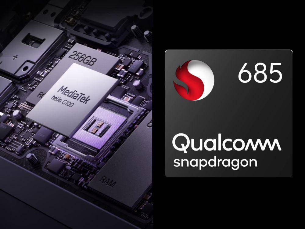 Ilustrasi Chipset MediaTek Helio G100 di Reno13 F (oppo.com) | Ilustrasi Chipset Snapdragon 685 (vivo.com)