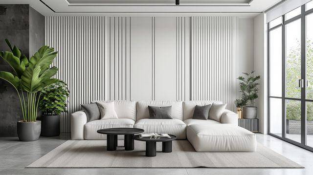 ruang keluarga modern dengan dekorasi aksen gipsum panel (vecteezy.com/gankogroup)