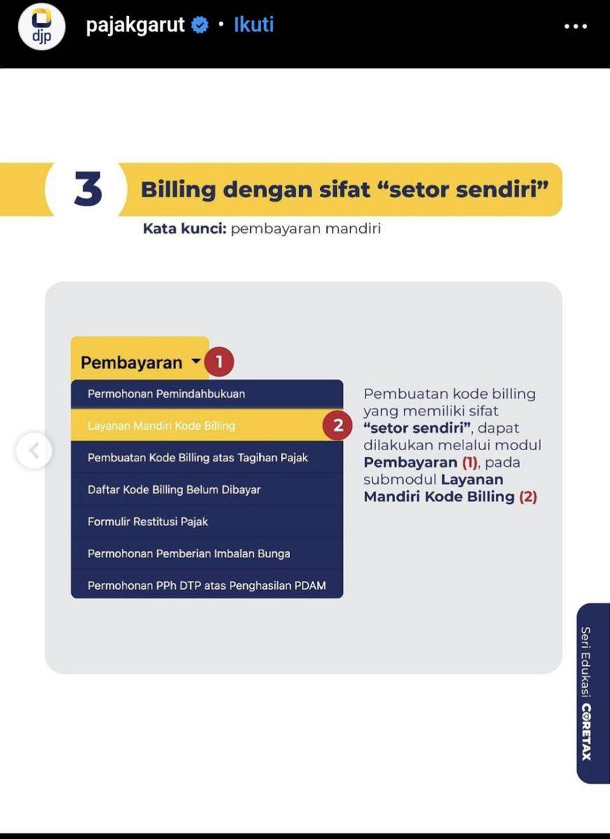 Cara pembuatan kode billing. (Dok/Screenshot Instagram@pajakgarut).