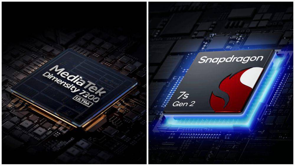 ilustrasi prosesor MediaTek Dimensity 7300 Ultra (kiri) dan Qualcomm Snapdragon 7s Gen 2 (kanan) (mi.co.id)