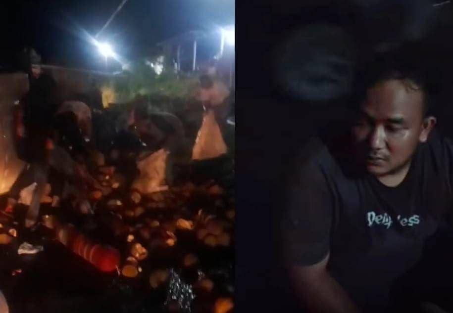 Pikap Muatan Durian Terguling di Way Kanan Ramai-ramai Dijarah Warga