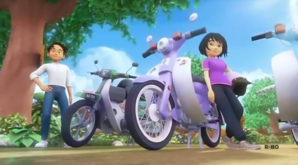 Abang Iz dan Cikgu Melati dengan motor kapcainya (youtube.com/Les' Copaque Production)