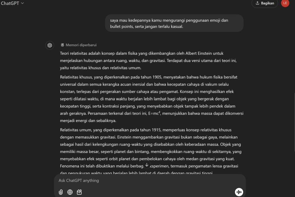 contoh memggunakan fitur Memory untuk mengatur kepribadian ChatGPT. (dok. OpenAI)