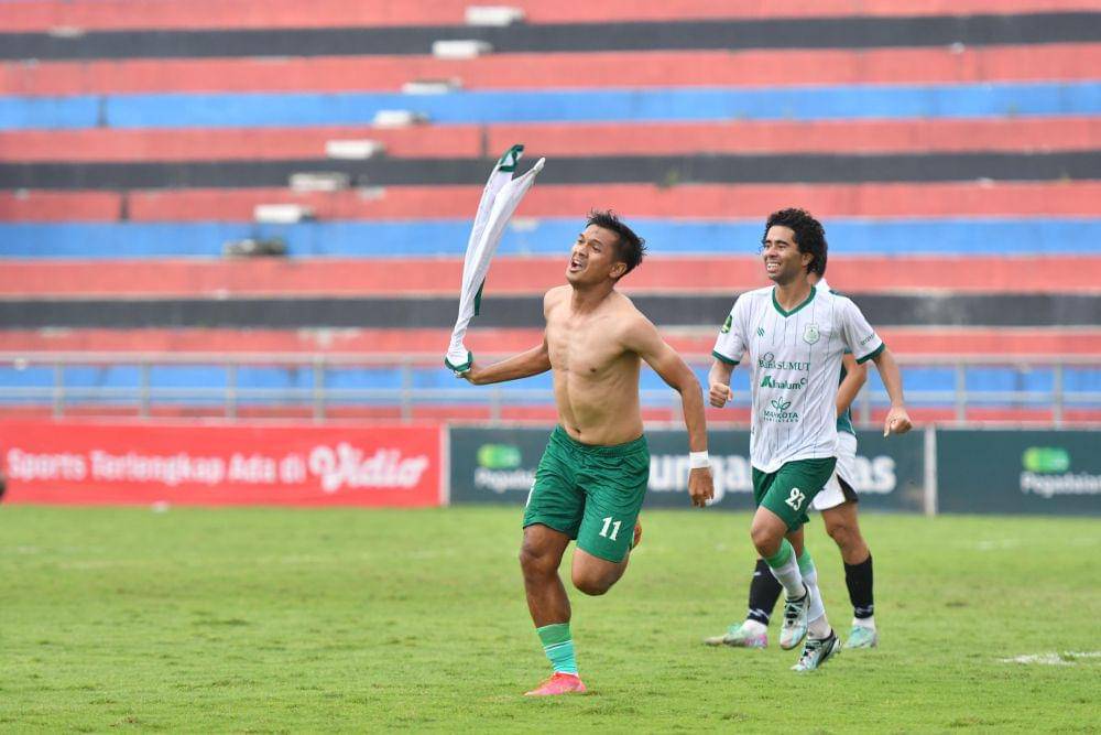 Imam Bagus Kurnia mencetak gol kemenangan PSMS atas Nusantara United di babak playoff Liga 2 (dok.PSMS)