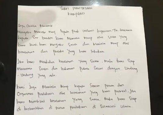 Surat pernyataan para pendaki Gunung Klabat yang membuat laporan palsu ke Basarnas Manado. Dok. Basarnas Manado