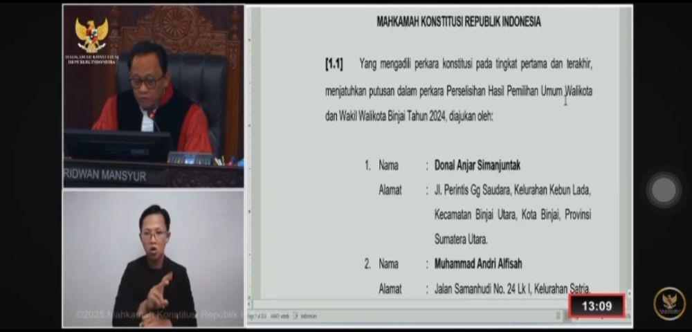 MK Tolak Gugatan Donal-Andri di Pilkada Binjai 2024