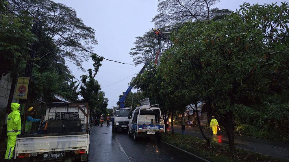 Hujan lebat disertai angin kencang melanda beberapa wilayah di Lampung mengakibatkan pohon tumbang hingga banjir, Selasa (4/2/2025). (Dok. PLN UID Lampung).