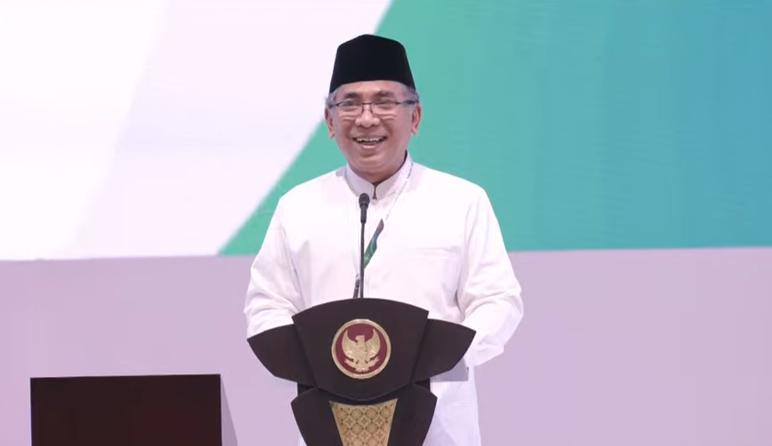 Ketua Umum PBNU KH. Yahya Cholil Staquf saat memberikan sambutan pada acara Harlah ke-22 NU di Istora Senayan, Jakarta, Rabu (5/2/2025). (Youtube Sekretariat Presiden)