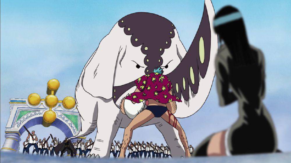 Spandam menggunakan Funkfreed untuk melawan Franky. (dok. Toei Animation/One Piece)