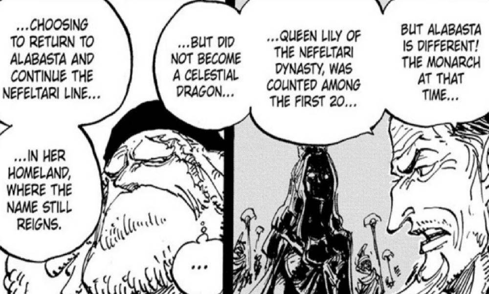 Cobra membicarakan Nefetari Lili bersama Gorosei dan Imu. (dok. Viz Media/One Piece)