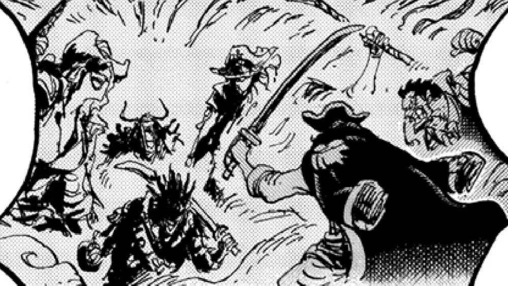 satu-satunya panel yang menampilkan konfrontasi langsung antara Gol D Roger dan Monkey D Garp dengan Bajak Laut Rocks (dok. Viz Media/One Piece)