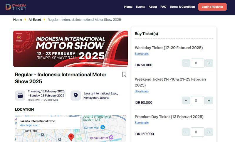 tampilan laman Dyandra Tiket untuk booking tiket IIMS 2025 (dok. Dyandra Tiket)