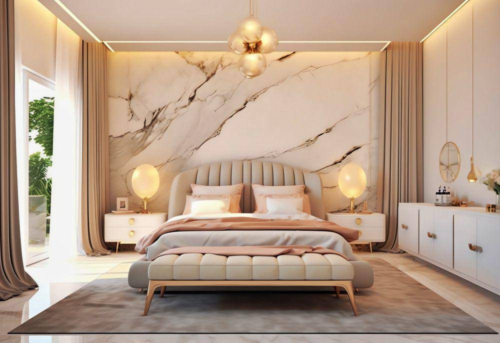 kamar tidur elegan dekorasi dinding marmer (vecteezy.com/style graphic)