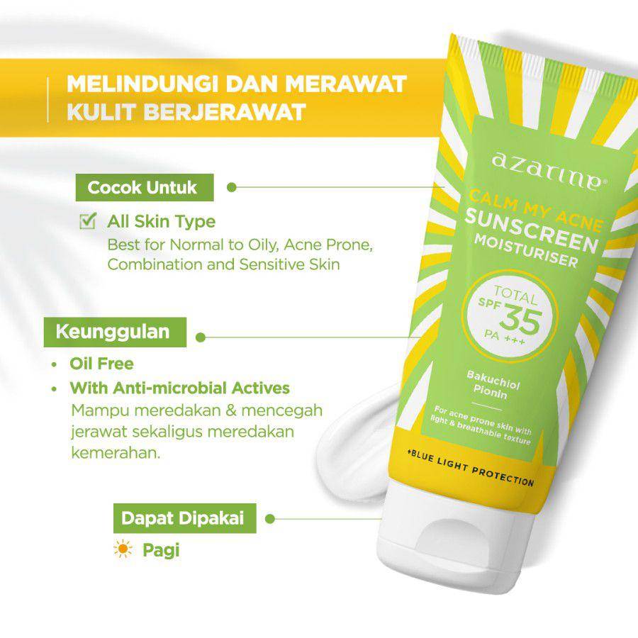 Azarine Calm My Acne Sunscreen Moisturiser SPF 35 PA+++ (tokopedia.com/azarinecosmetics)