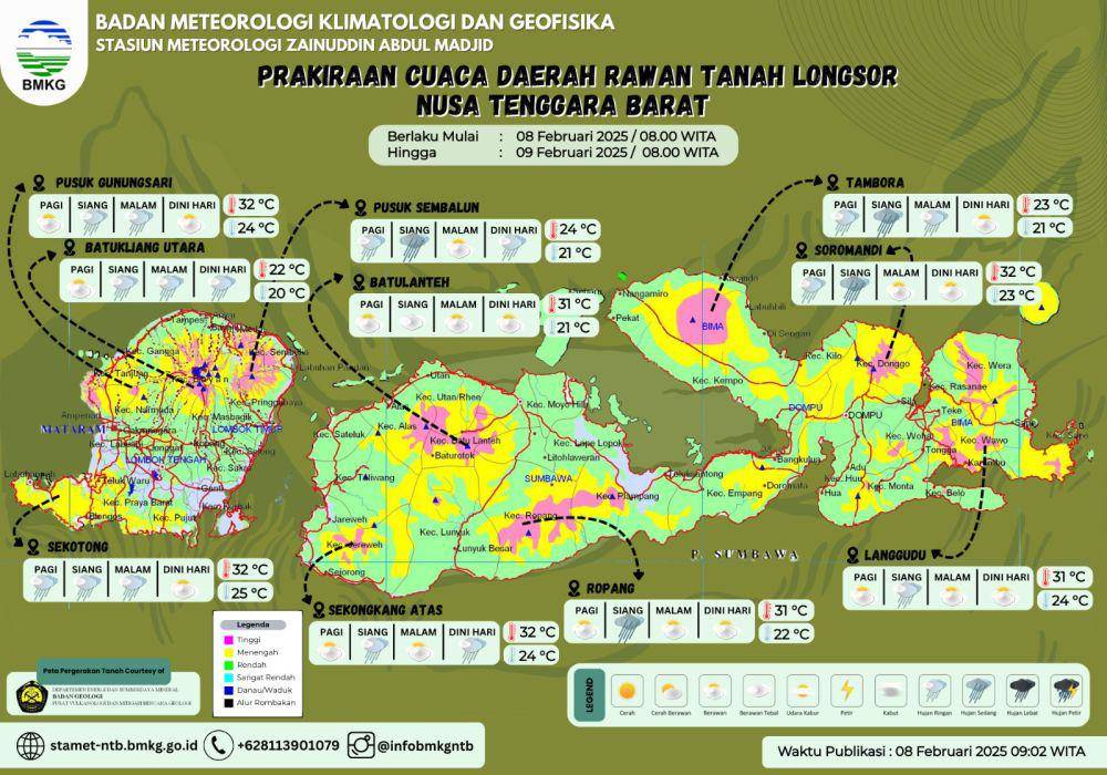 Daerah rawan longsor di NTB pada 8-9 Februari 2025. (dok. BMKG)