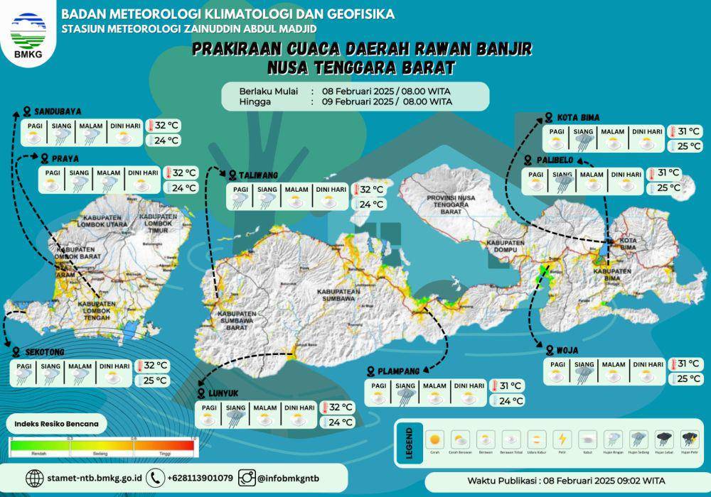 Daerah rawan banjir di NTB pada 8-9 Februari 2025. (dok. BMKG)