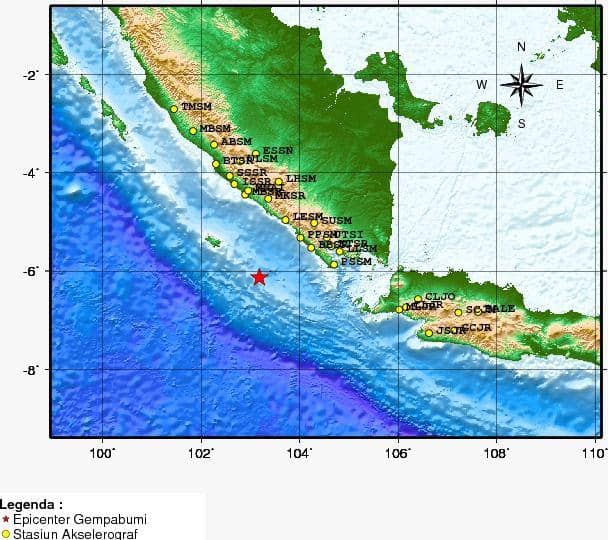 Peta titik koordinator gempa bumi 5,2 magnitudo terjadi di Pesisir Barat. (Dok. BMKG Lampung).