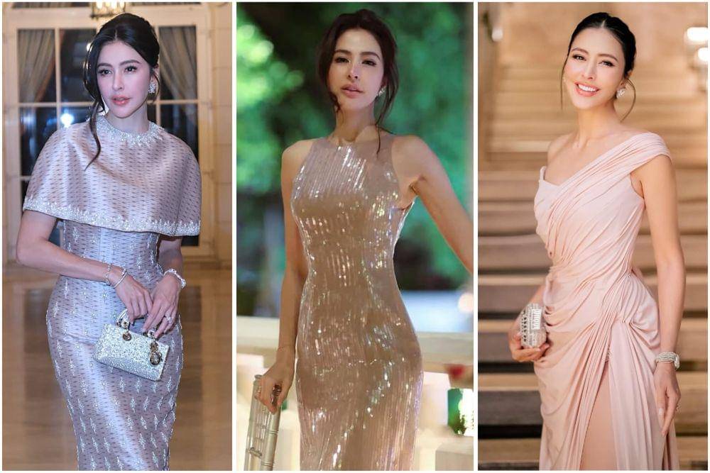 potret ide gaun pesta beraksen glamor yang menawan ala Sririta Jensen