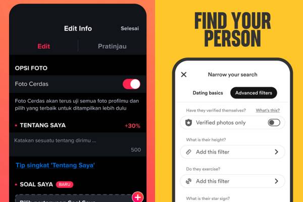 Informasi data dasar yang diperlukan aplikasi Tinder dan Bumble untuk mendambakan kriteria calon pasangan (play.google.com)