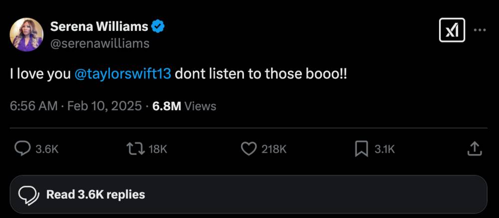 Serena Williams memberi kepada Taylor Swift dukungan melalui cuitan di Twitter (x.com/serenawilliams)