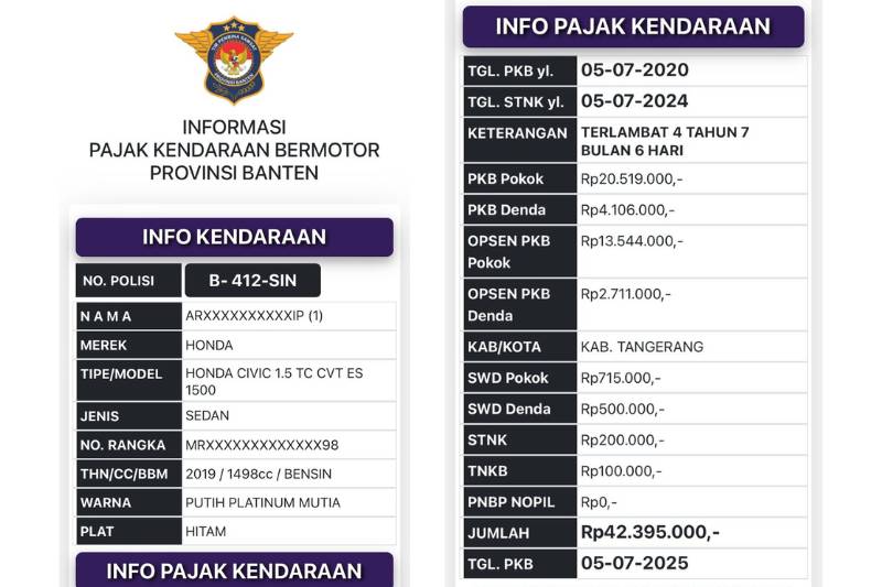 Informasi pajak kendaraan Civic Kades Kohod, Arsin. (infopkb.bantenprov.go.id)