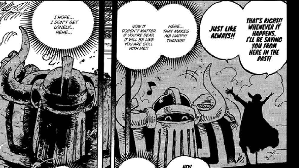 Siluet Joy Boy yang seperti memiliki tangan dan kaki kanan siborg. (dok. Viz Media/One Piece)