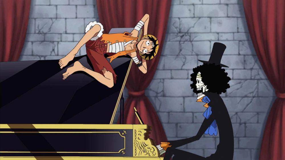 Brook menyanyikan lagu "Binks' Sake". (dok. Toei Animation/One Piece)