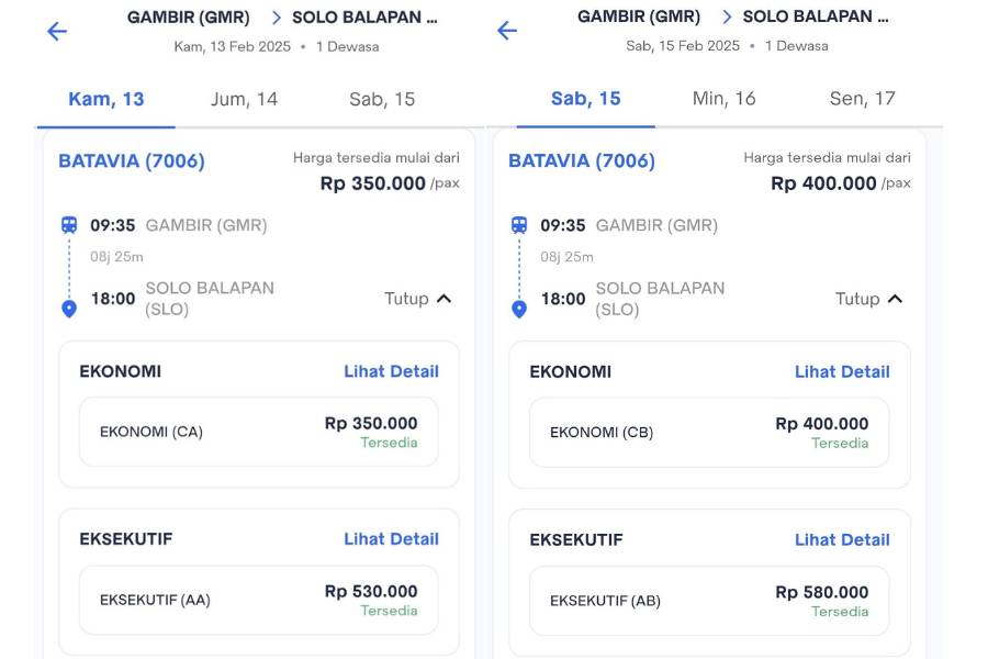 Tangkapan layar harga tiket KA Batavia Gambir-Solo Balapan PP (dok. Access by KAI)