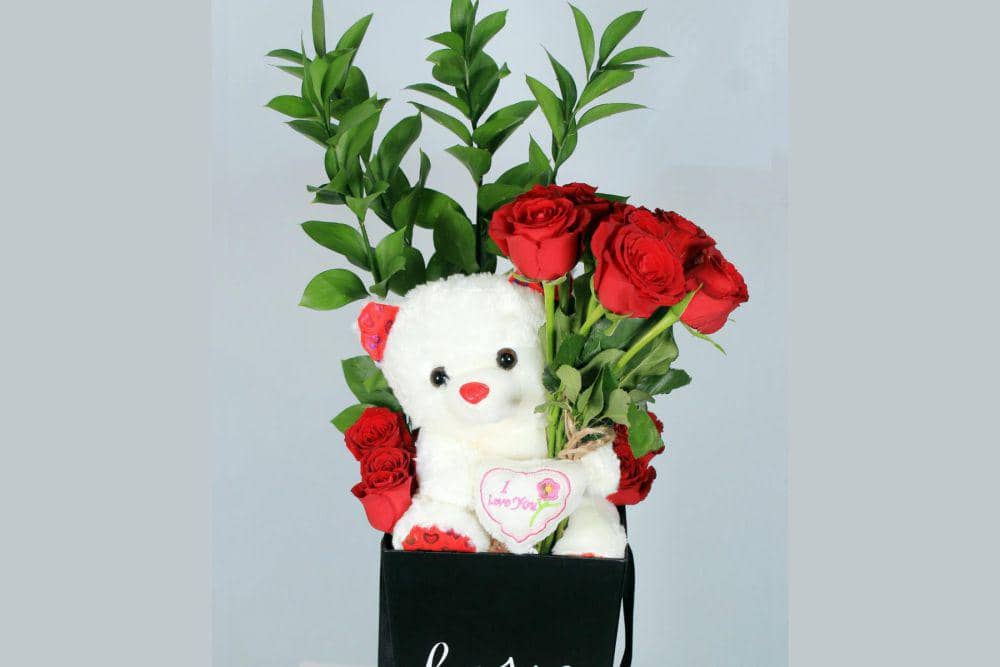 contoh buket mawar dan teddy bear