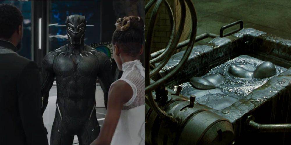 Vibranium dibuat menjadi kostum berteknologi Nanotech (kiri) dan Adamantium yang mulai mengeras (kanan) (dok. Marvel Studios/Black Panther | dok. 20th Century Fox/X-2)