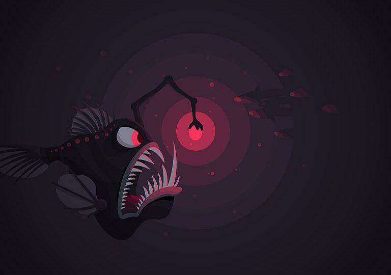 Ilustrasi Anglerfish memangsa ikan-ikan kecil (instagram.com/madebymarko)