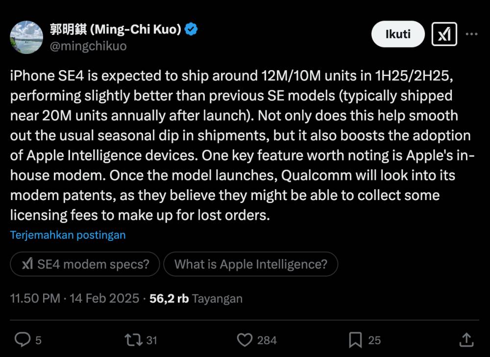 Analis Ming-Chi Kuo menjelaskan proyeksi pengiriman iPhone SE 4 sekitar 12 juta unit di paruh pertama tahun ini dan 10 juta unit di paruh kedua (x.com/@mingchikuo)