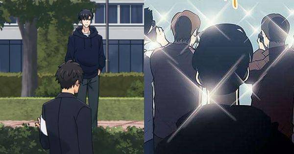 Perbedaan Jin-Woo saat di belakang kerumunan wartawan  ( Dok. A-1 Pictures/ Solo Leveling S2 ) ( DNC Media / Solo Leveling )