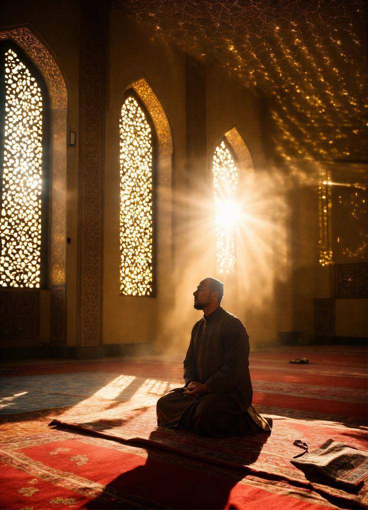 a person praying in a mosque, rays of light shinning from the sky, light beams from pinterest/ɪᴛ'ꜱ_ᴜʀ_ᴀʙᴅ