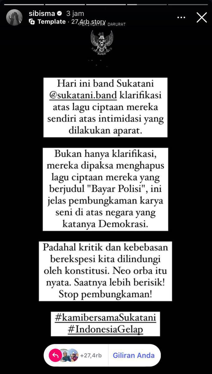 musisi yang suarakan dukungan untuk Sukatani Band (Instagram.com/sibisma)