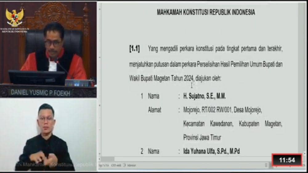Ketua MK, Suhartoyo, dalam sidang sengketa hasil pemilihan Bupati dan Wakil Bupati Magetan di Gedung MK. IDN Times/ Screenshot YouTube MK.