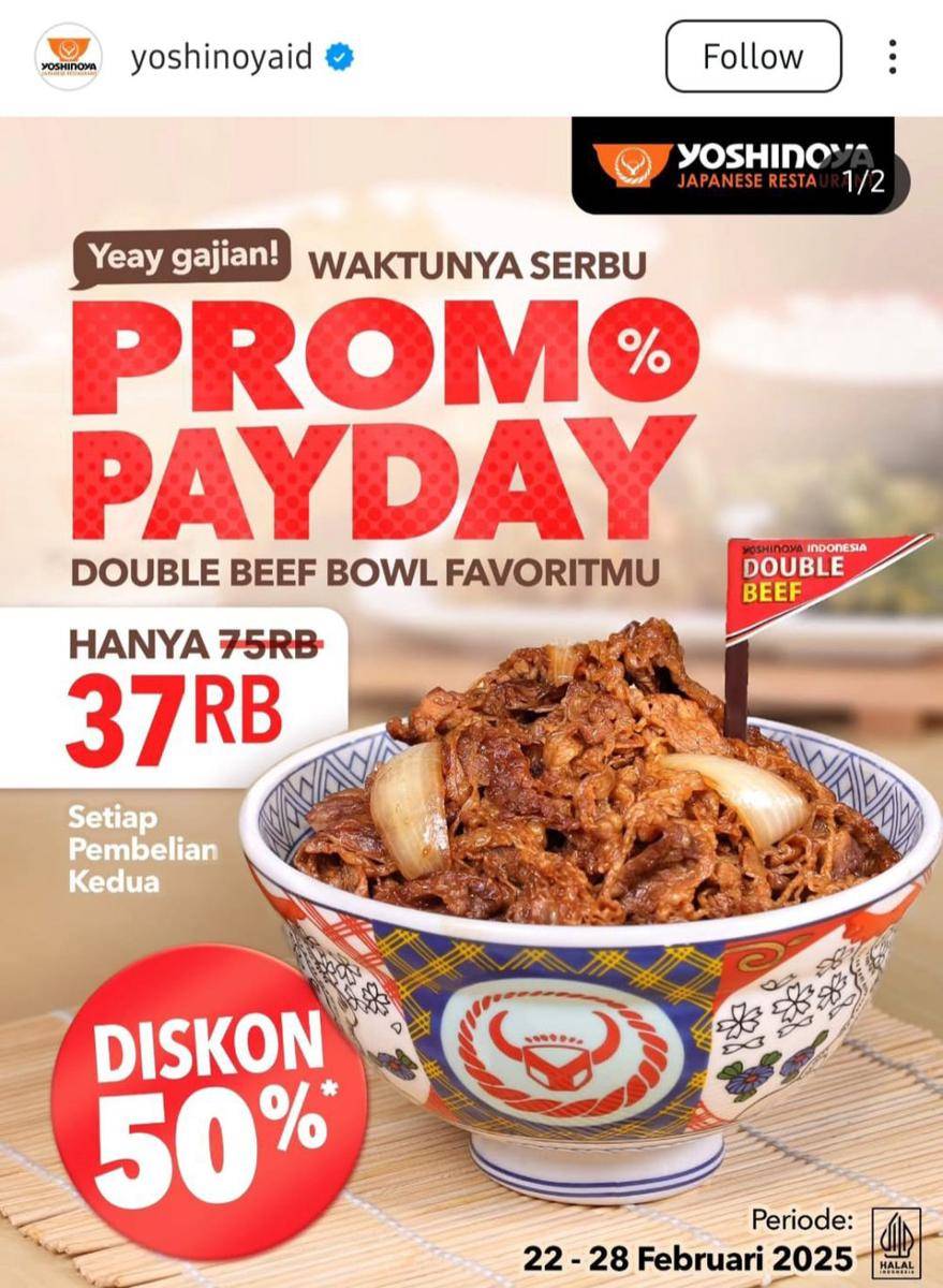 Promo Pay Day Yoshinoya Februari 2025 (instagram.com/yoshinoyaid)
