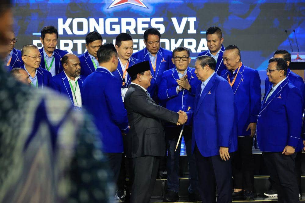 Dalam pidato di Kongres VI Demokrat di Jakarta pada Selasa (25/2), Prabowo mengatakan Indonesia saat ini berupaya efisiensi dan merealokasikan dana untuk program-program yang lebih penting.  (Dok. Tim Komunikasi Prabowo)