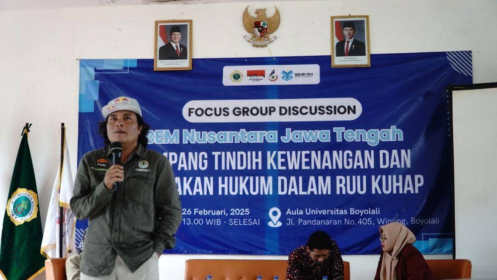 Badan Eksekutif Mahasiswa (BEM) Nusantara menggelar forum group discussion (FGD) dengan tema "Tumpang Tindih Kewenangan dan Penegakan Hukum dalam RUU KUHAP" di Aula Utama Universitas Boyolali, Rabu (26/2/2025). (Dok. BEM Nusantara)