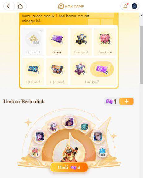 login harian dan lucky draw di HOK Camp (dok. TiMi Studio Group/Honor of Kings)